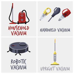 Set of various vacuum cleaners with names, flat vector illustration isolated.