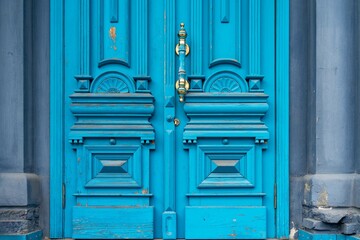 Antique wooden door, bright blue with carved patterns and gilded handles