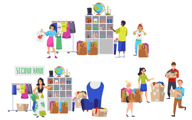 Second hand shop, people buying old clothes and furniture - flat vector illustration isolated on white background.