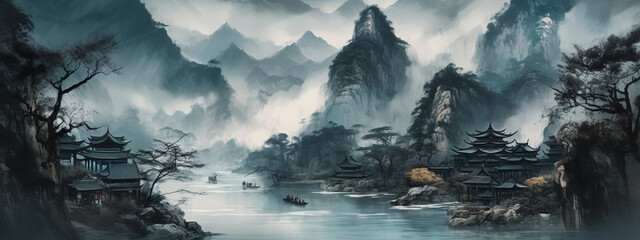 Chinese ink and water landscape painting,Generative AI