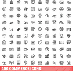 100 commerce icons set. Outline illustration of 100 commerce icons vector set isolated on white background