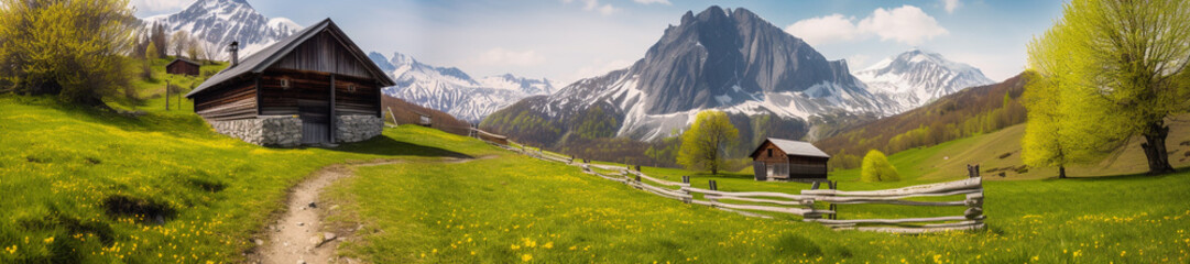 Fototapeta na wymiar Idyllic mountain landscape in the with blooming meadows in springtime,Generative AI