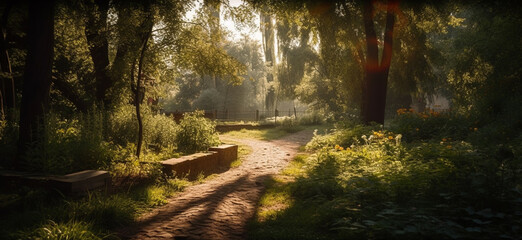 Sunlit path in a park before sunset,Generative AI