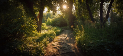 Sunlit path in a park before sunset,Generative AI