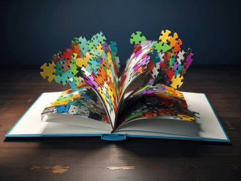 An open book in the shape of a colorful puzzle full of innovative business solutions.. AI generation.