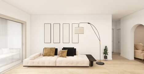 Living room design, 3d render, 3d illustration