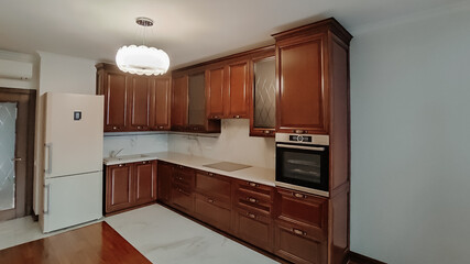 modern kitchen interior with fireplace