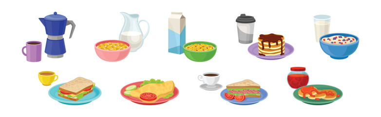 Breakfast Meal and Tasty Served Morning Food and Drinks Vector Set