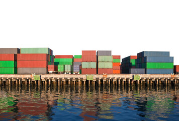 Cargo shipping containers on dock with cut out sky.