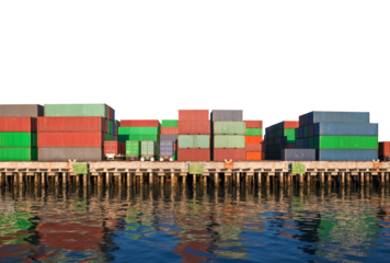 Cargo shipping containers on dock with cut out sky.