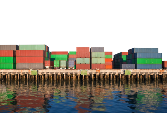 Cargo shipping containers on dock with cut out sky.
