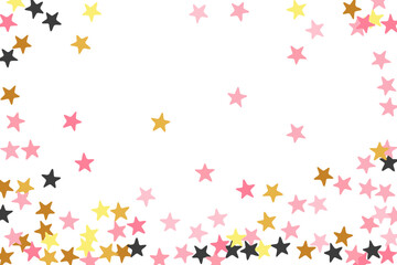 Beautiful black pink gold stars magic vector design. Many stardust spangles birthday decoration elements. Isolated stars magic illustration. Spangle elements explosion.