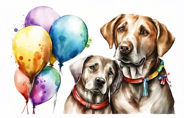 Happy birthday dog, holiday concept, Celebration banner with  balloons, Watercolor illustrated, Generated AI