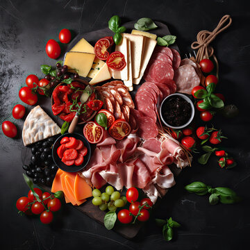 Antipasto platter with ham, prosciutto, salami, cheese, tomato, strawberries and vegetables on dark background. Appetizers table with italian antipasti snacks. Top view. Generative AI.