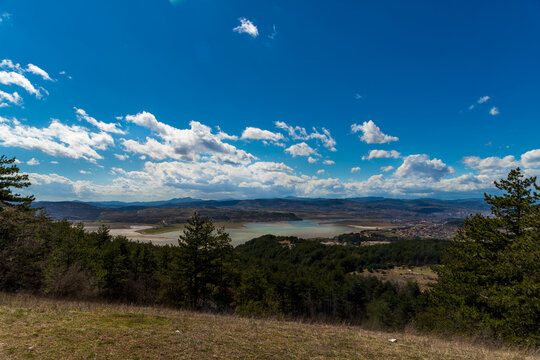 View of part of the bank of Kardzhali Dam, towards Monyak Fortress, Bulgaria