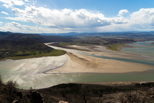 View of part of the bank of Kardzhali Dam, towards Monyak Fortress, Bulgaria
