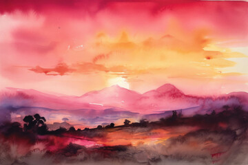 A bold pinkandmagenta sunset illuminating the horizon. Trendy color of 2023 Viva Magenta.. AI generation.