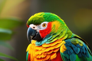 Fototapeta premium Suriname amazon parrot in the treetops in a tropical rainforest, bright flowers and leaves, exotic plants, vines. Wildlife concept of ecological environment. Generative AI