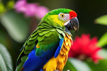 Obraz premium Suriname amazon parrot in the treetops in a tropical rainforest, bright flowers and leaves, exotic plants, vines. Wildlife concept of ecological environment. Generative AI