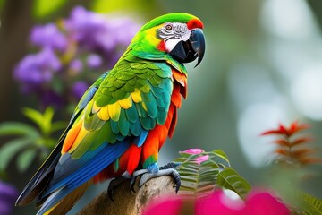 Obraz premium Suriname amazon parrot in the treetops in a tropical rainforest, bright flowers and leaves, exotic plants, vines. Wildlife concept of ecological environment. Generative AI