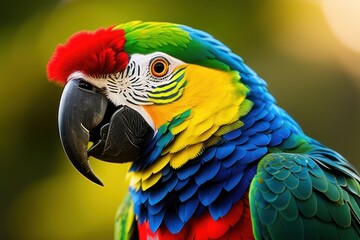 Obraz premium Suriname amazon parrot in the treetops in a tropical rainforest, bright flowers and leaves, exotic plants, vines. Wildlife concept of ecological environment. Generative AI