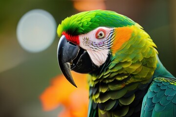Fototapeta premium Suriname amazon parrot in the treetops in a tropical rainforest, bright flowers and leaves, exotic plants, vines. Wildlife concept of ecological environment. Generative AI