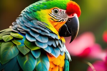 Fototapeta premium Suriname amazon parrot in the treetops in a tropical rainforest, bright flowers and leaves, exotic plants, vines. Wildlife concept of ecological environment. Generative AI