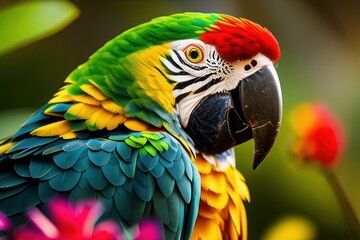 Fototapeta premium Suriname amazon parrot in the treetops in a tropical rainforest, bright flowers and leaves, exotic plants, vines. Wildlife concept of ecological environment. Generative AI