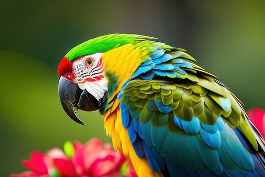 Suriname amazon parrot in the treetops in a tropical rainforest, bright flowers and leaves, exotic plants, vines. Wildlife concept of ecological environment. Generative AI