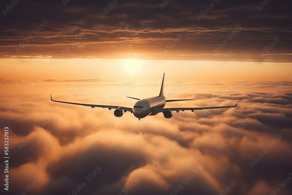 Poster an airplane flying above the clouds at sunset or dawn with the sun in the distance and the clouds in