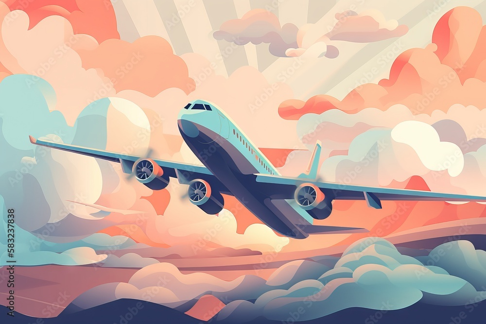 Aufkleber an airplane is flying in the sky above the clouds and mountains with the sun shining through the clo