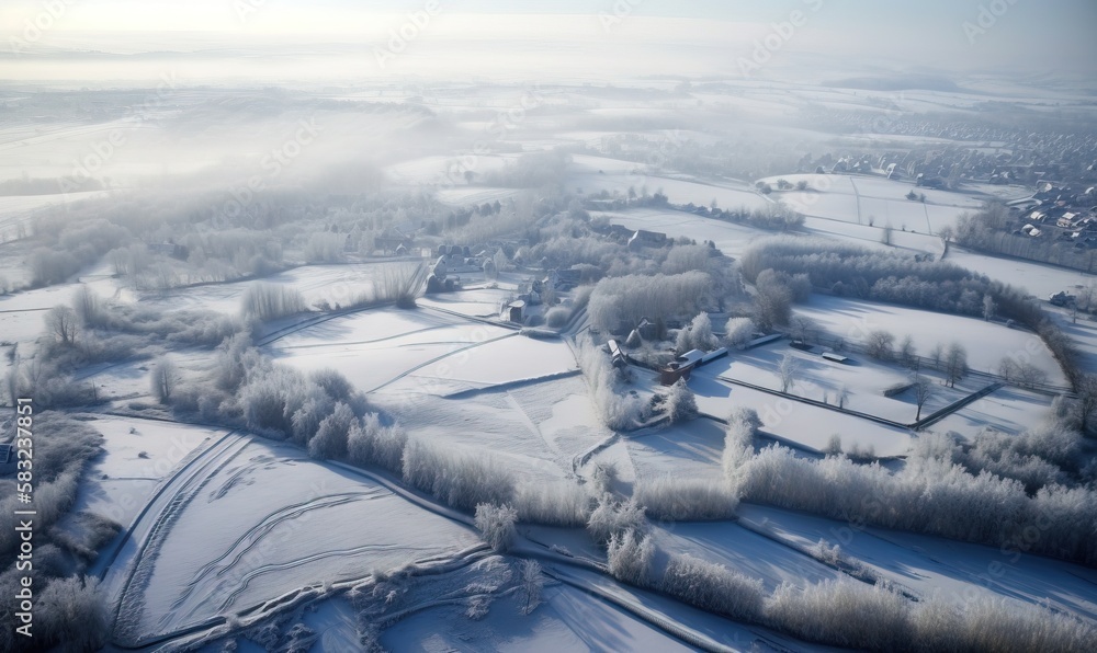 Poster an aerial view of a snowy landscape with trees and houses in the foreground and a foggy sky in the b