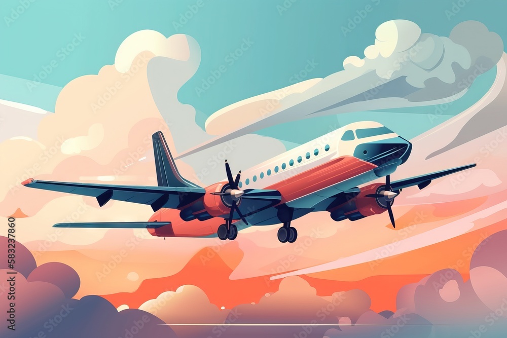 Poster a plane flying through a cloudy sky with clouds in the background and a red and white plane in the f
