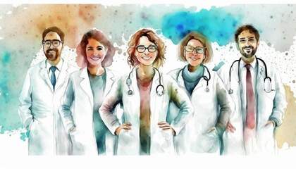 Group of happy doctors and woman doctors in watercolor art, for international health day, generative ai