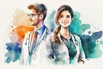 Doctor and woman doctor in watercolor art for international health day, generative ai