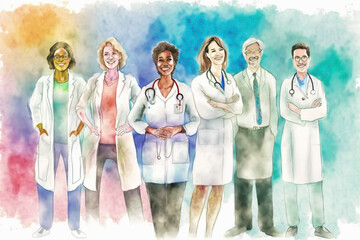 Group of happy doctors and woman doctors in watercolor art, for international health day, generative ai