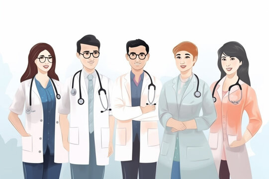 Group of medical doctors in watercolor art,. Unity concept, health international day, generative ai