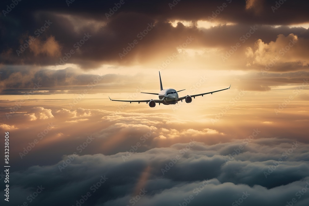 Poster an airplane flying above the clouds in the sky with the sun shining through the clouds behind the pl