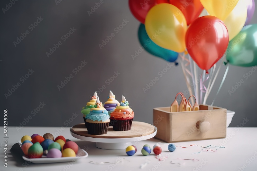 Poster cupcakes and balloons on a table with confetti and balloons in the air behind them on a plate with a