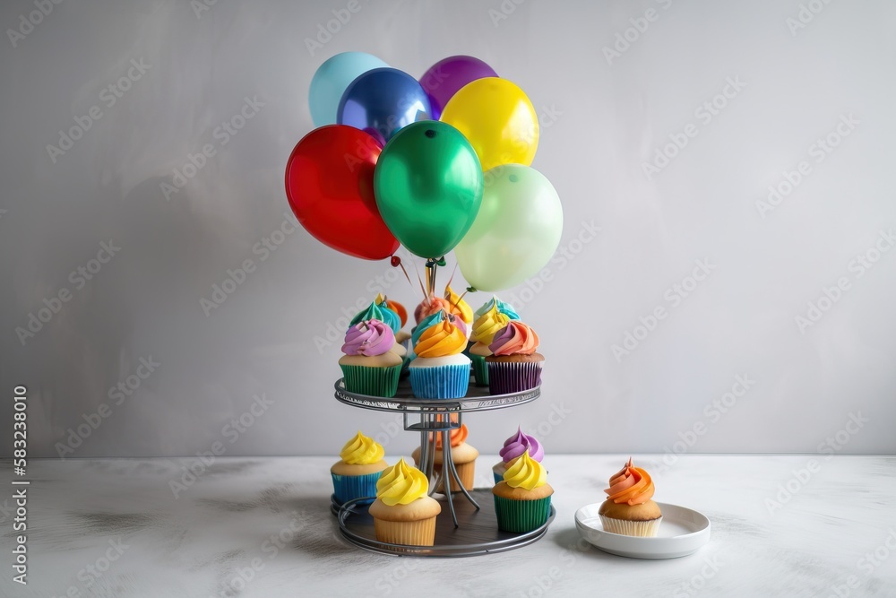 Poster cupcakes with colorful frosting and balloons on a cake stand with a plate of cupcakes on the side of