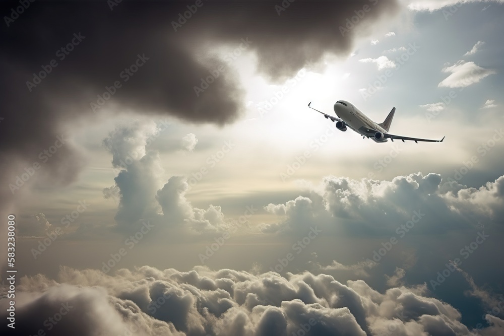 Poster an airplane flying through a cloudy sky with the sun peeking through the clouds behind it and the su