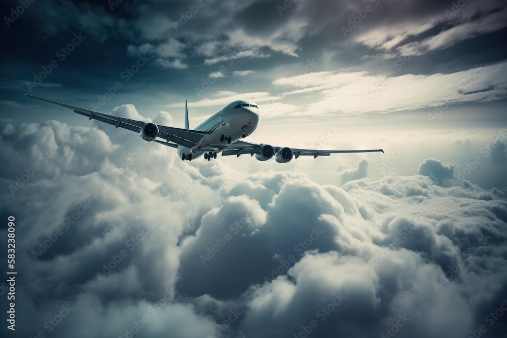 Poster a large jetliner flying through a cloudy sky above the clouds in the sky above the clouds is a jetli
