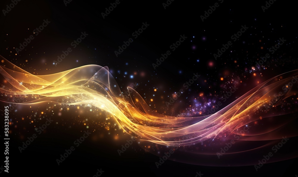 Poster a dark background with a yellow and red wave of light on it's side and a black background with a whi