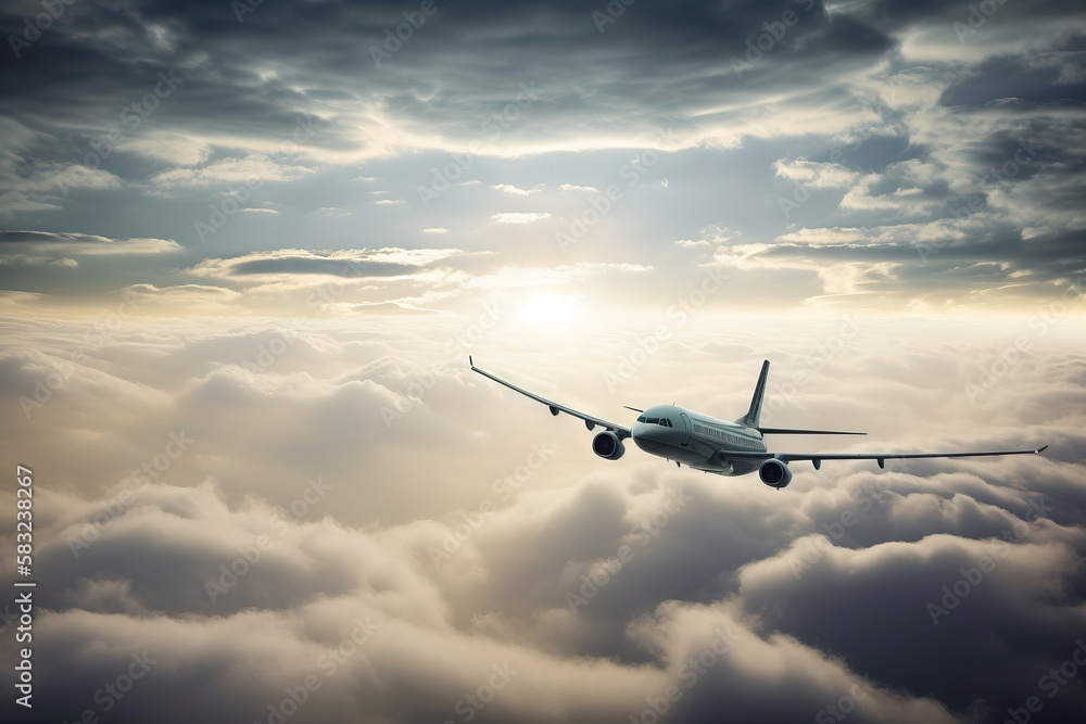 Poster an airplane flying above the clouds on a cloudy day with the sun shining through the clouds and the 