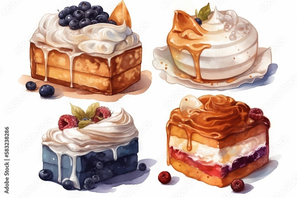 Aufkleber a set of four cakes with frosting and berries on top of each cake is a piece of cake with a bite tak