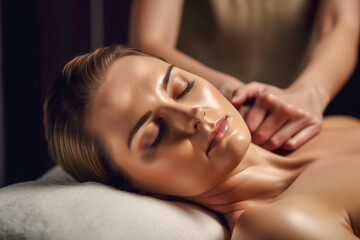 Obraz na płótnie Canvas Young woman receibing massage in spa salon, relax, slose up, generative ai