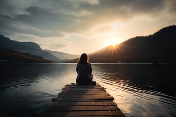 Naklejka na ściany i meble a woman sitting on a dock looking out at a lake at sunset or sunrise with mountains in the distance and a body of water in the foreground. generative ai