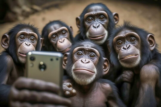 Group of chinpanzees taking a selfie, generative ai