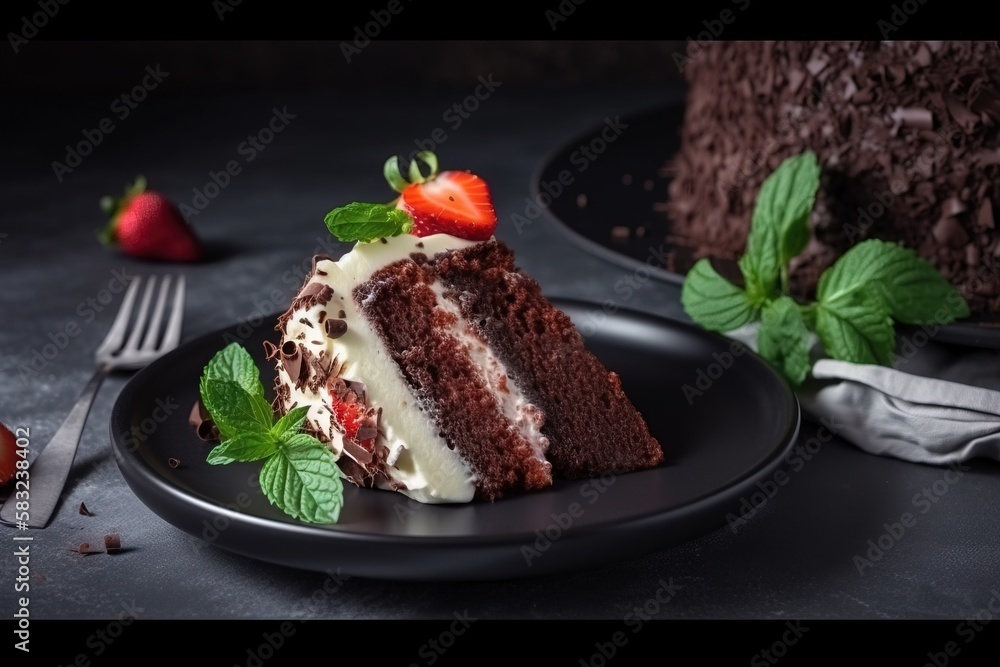 Poster a slice of chocolate cake with a strawberry on top of it and a fork next to it on a plate with a kni
