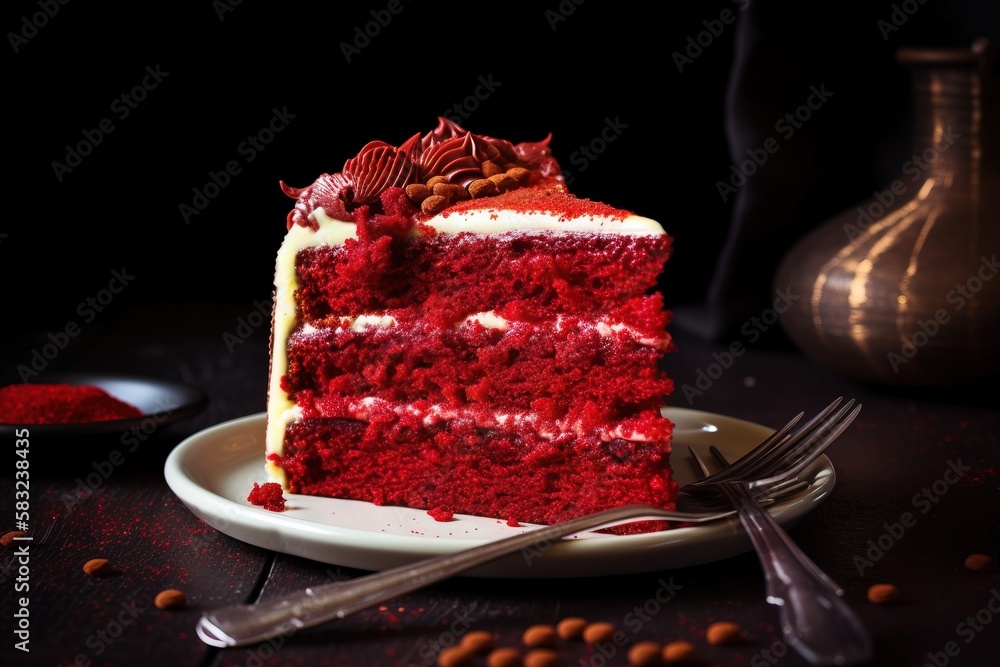 Poster a slice of red velvet cake on a plate with a knife and fork on the side of the plate and a vase in t